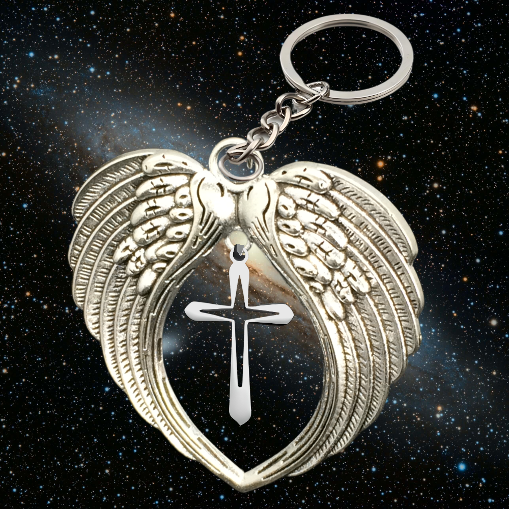 1 Dije Activado de Cruz para Obtener Justicia Divina 45x25mm Acero Inoxidable en Alas de Angel 80x60mm en Llavero